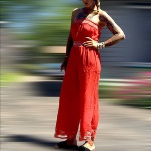 𝅺RED rayon strapless jumpsuit white boho style embroidery festival Gypsy